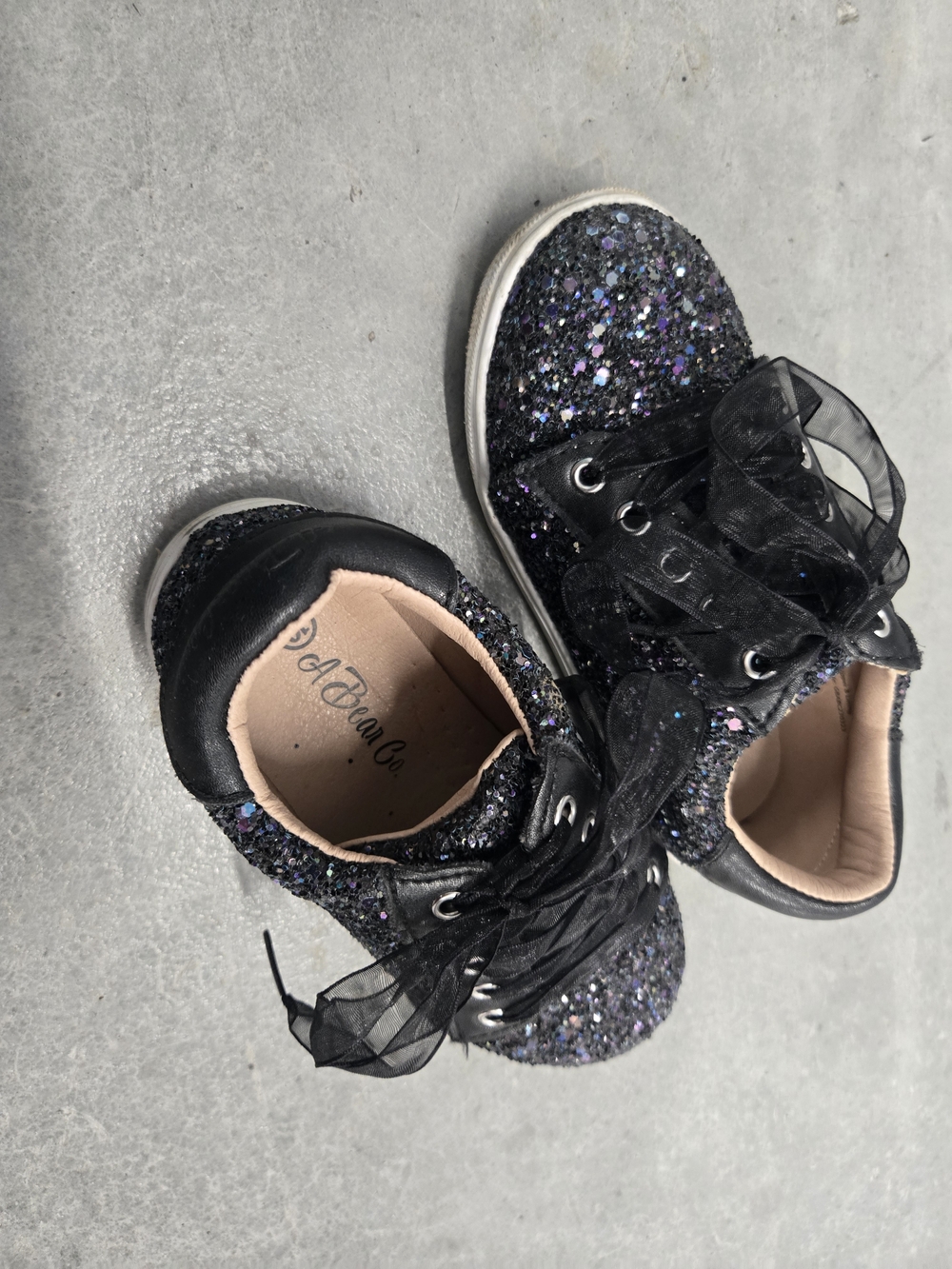 Glittery Black Kids Lace-Up Sneakers with Sheer Ribbon Laces